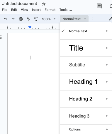 A sample of available heading and other styles available in Google Docs.