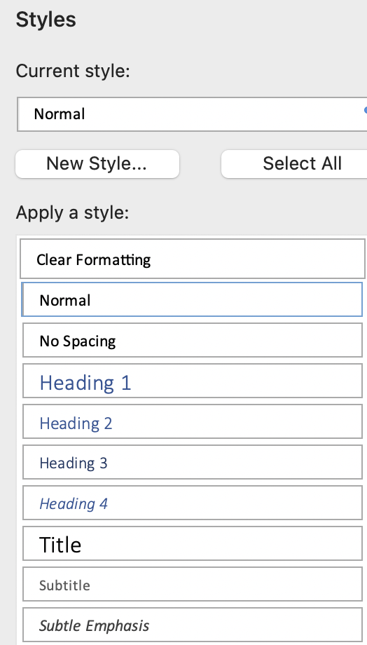 A sample of available heading and other styles available in Microsoft Word.