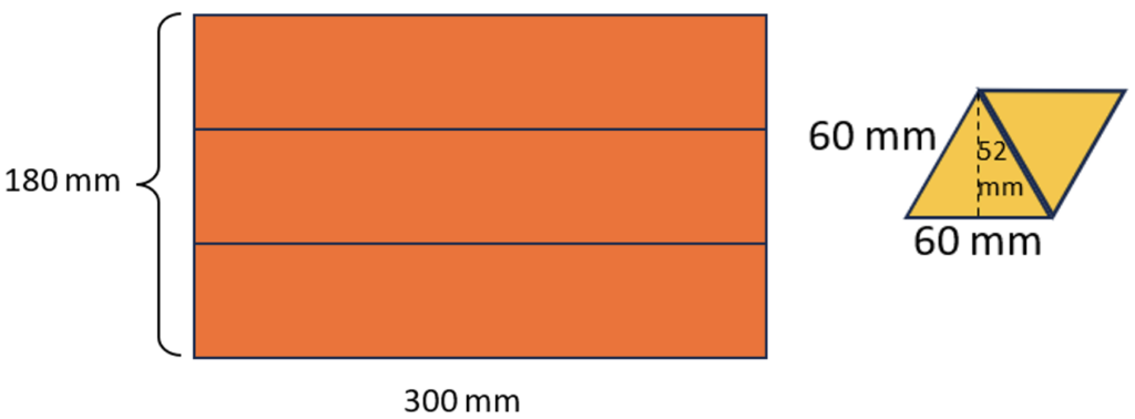 3 long rectangles stacked to make a larger rectangle. The horizontal dimension is labeled 300mm. The vertical dimension is labeled 180mm. Next to them is a parallelogram made from two equilateral triangles. Two sides are labeled 60mm and the height is labeled 52mm.