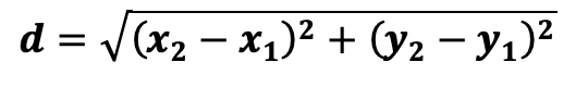 d=square root of (x^2 - x^1)squared plus (y^2 - y^1)squared